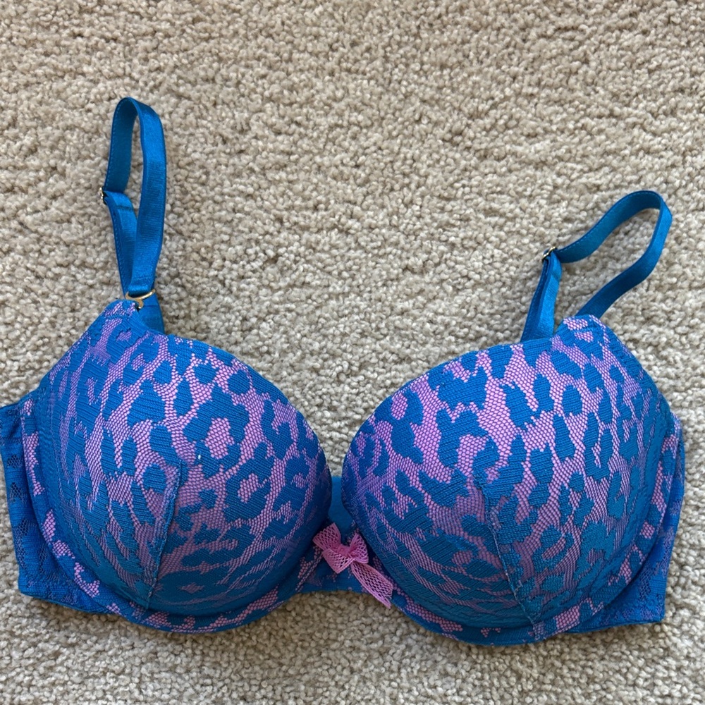 Blue and Pink Leopard Print Bra